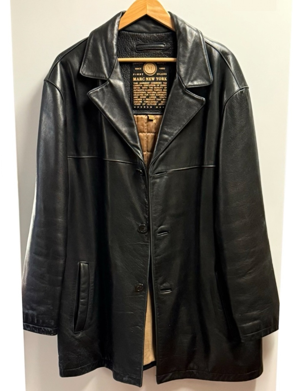 Marc New York Vintage Black Leather Jacket/Car Coat L